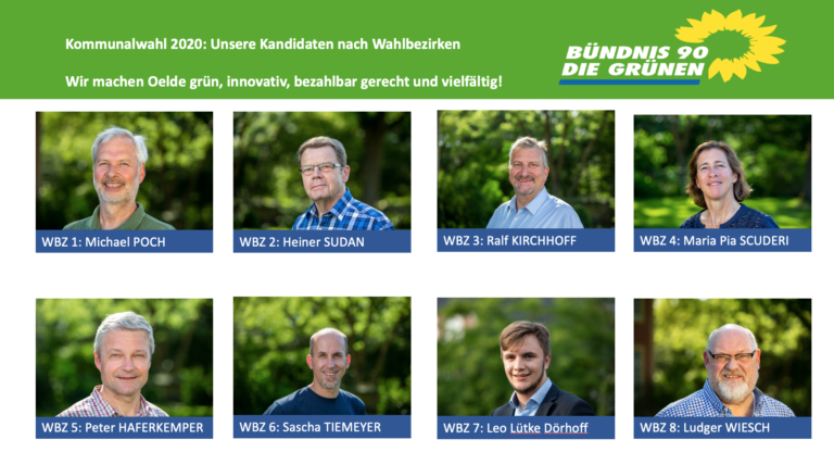 Grüne Kandidat*innen Kommunalwahl 2020 mit Straßenverzeichnis der Wahlbezirke (WBZ)