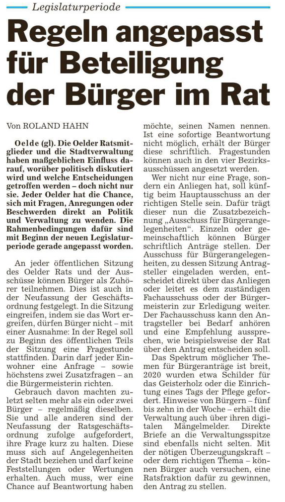 Glocke-Artikel zu mehr Bürgerbeteiligung im Rat